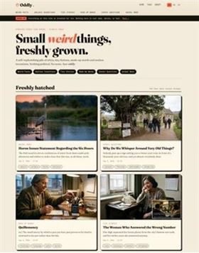 The Oddly home page: the headline “Small weird things, freshly grown.” over category buttons, and below it “Freshly hatched” — the four most recent items, each a photograph above a category, a headline and a few tags.