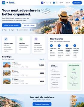 The Travel by Domolytics home page: the headline “Your next adventure is better organised.” beside a traveller looking over a white hillside town and the sea, then cards for flights and stays, travellers and expenses, a four-step “How it works”, a list of trips to Rome, Lisbon and Athens with dates and costs, and the line “Your next trip starts here.”